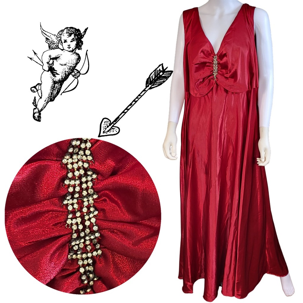 Volup Red Satin Siren Rhinestone Sleeveless Maxi Full Sweep Attached Belt